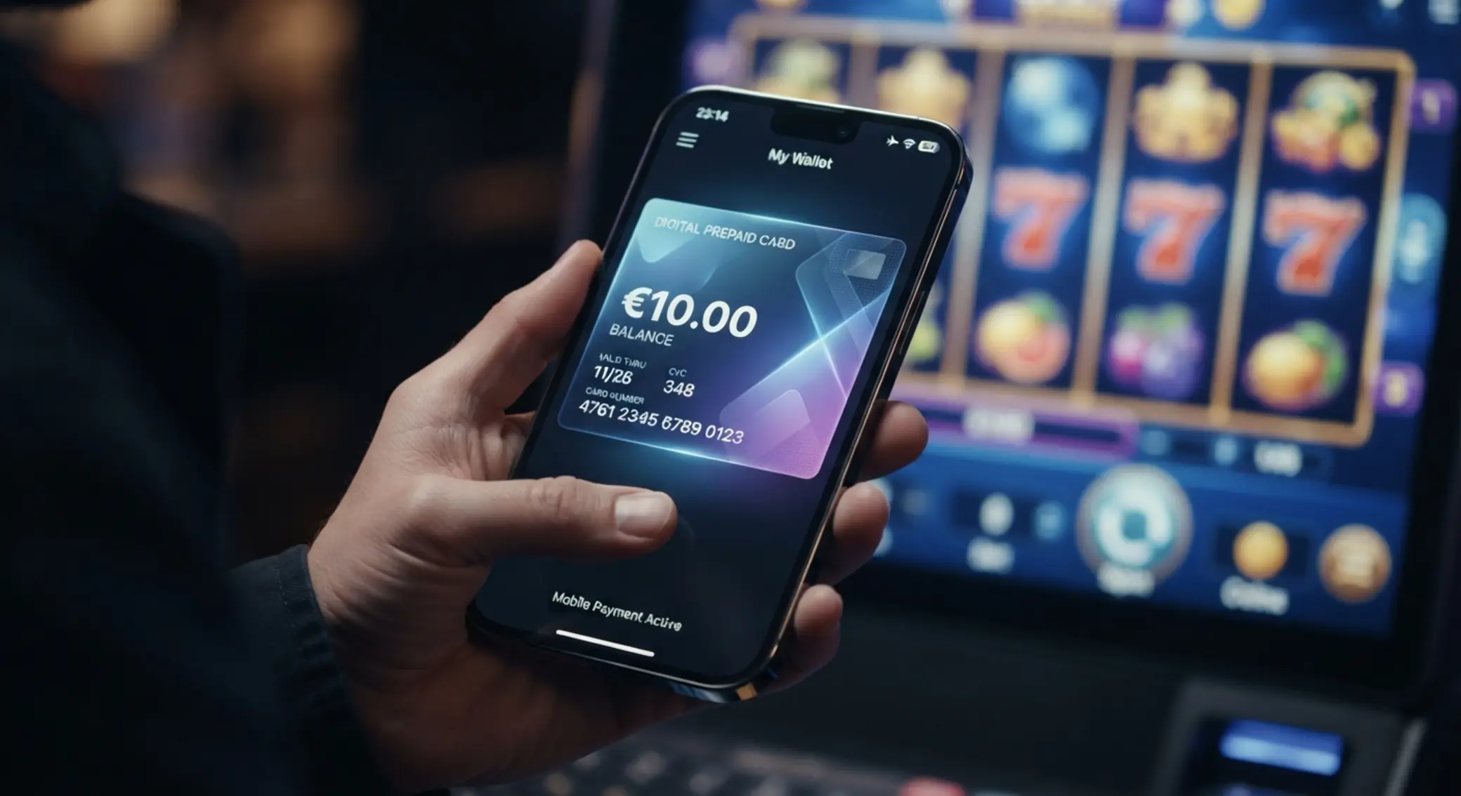 Digitale Paysafecard mit 10 Euro auf Smartphone Digitale 10-Euro-Paysafecard auf einem Smartphone vor Spieloberfläche