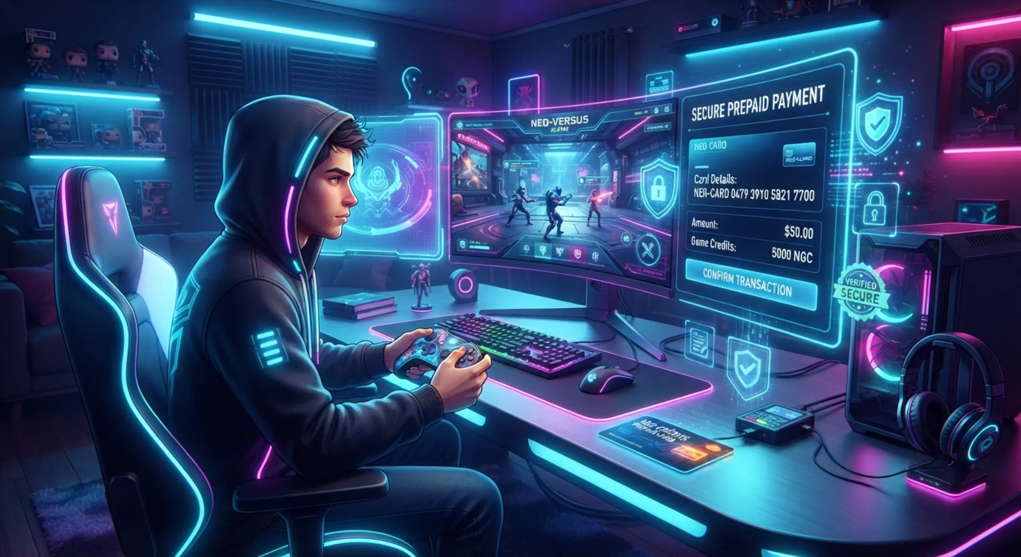 Paysafecard und Gaming-Interface im modernen 1337-Games-Stil