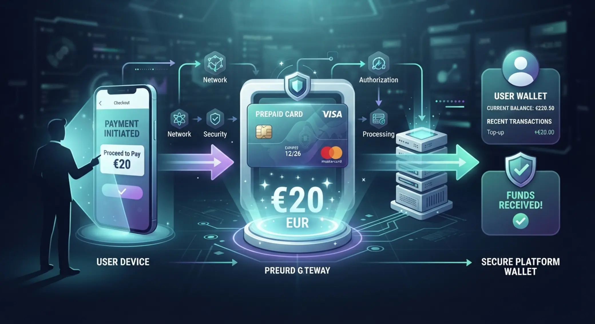 Schema der 20-Euro-Einzahlung per paysafecard in einer Online-Kasse
