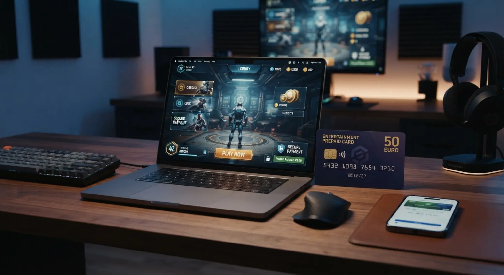 Laptop mit Spiel-Lobby und 50-Euro-Prepaidkarte f&uuml;r sichere Einzahlung
