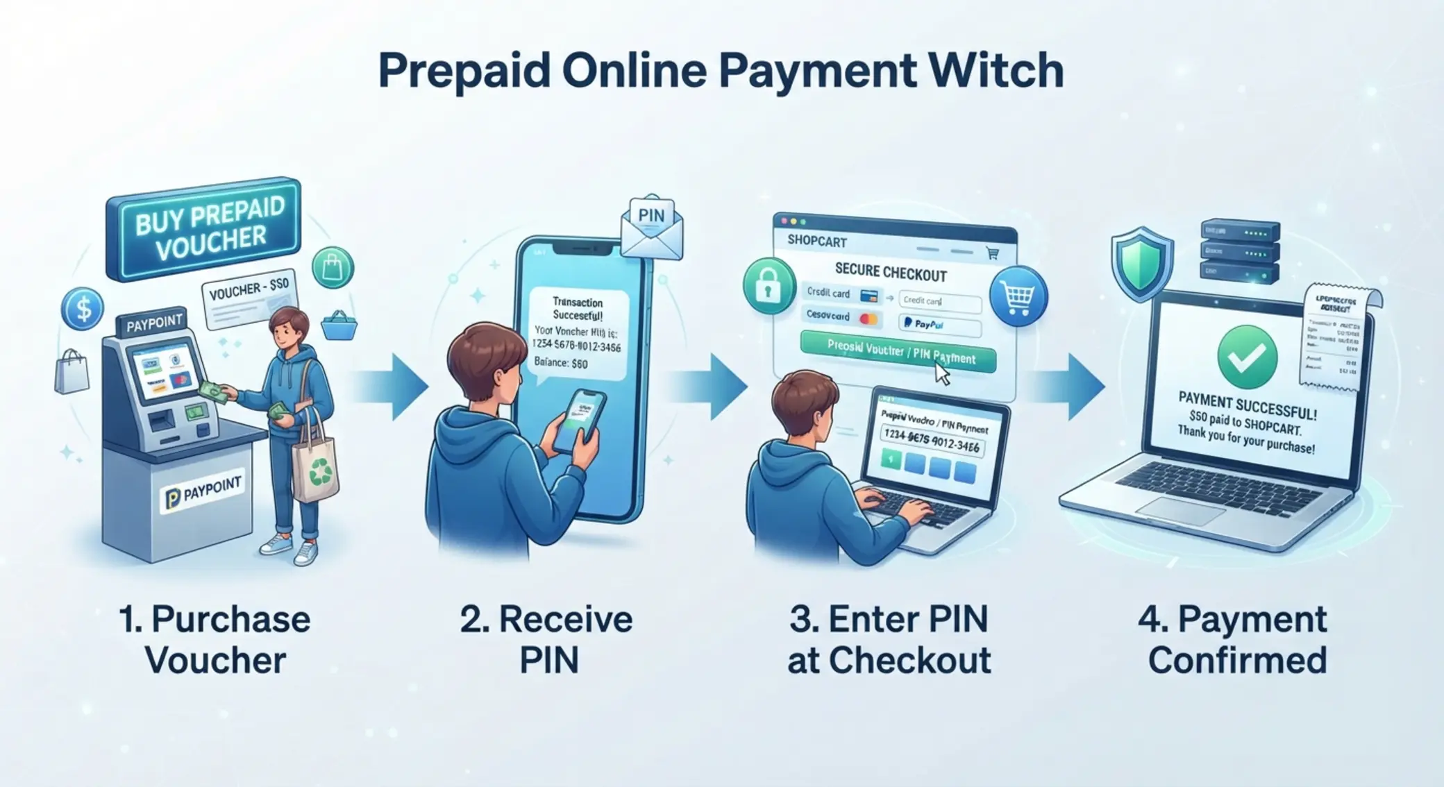 Schema zur Funktionsweise von paysafecard beim Online-Bezahlen