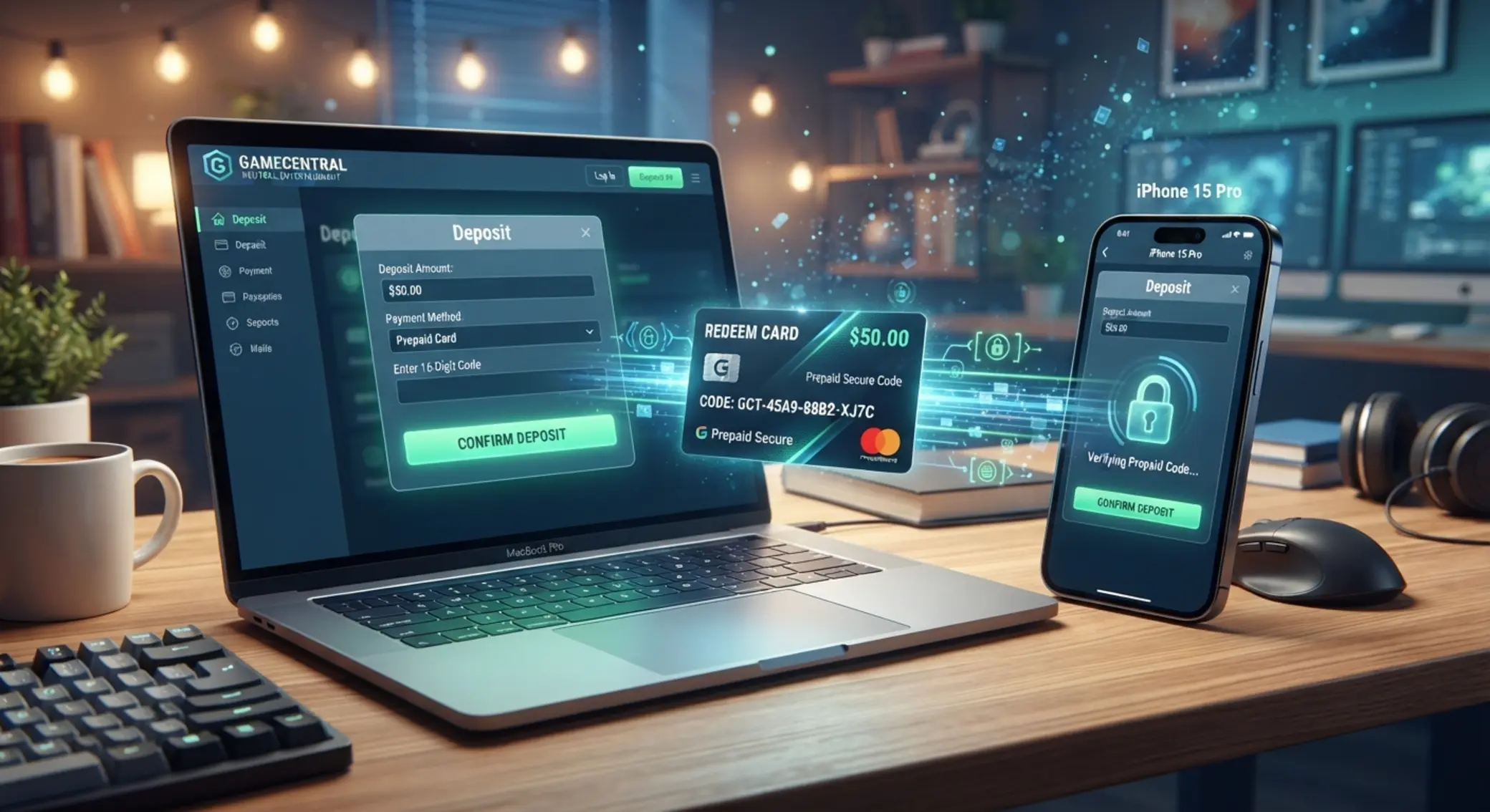 Visualisierung einer Paysafecard-Einzahlung auf Laptop und Smartphone
