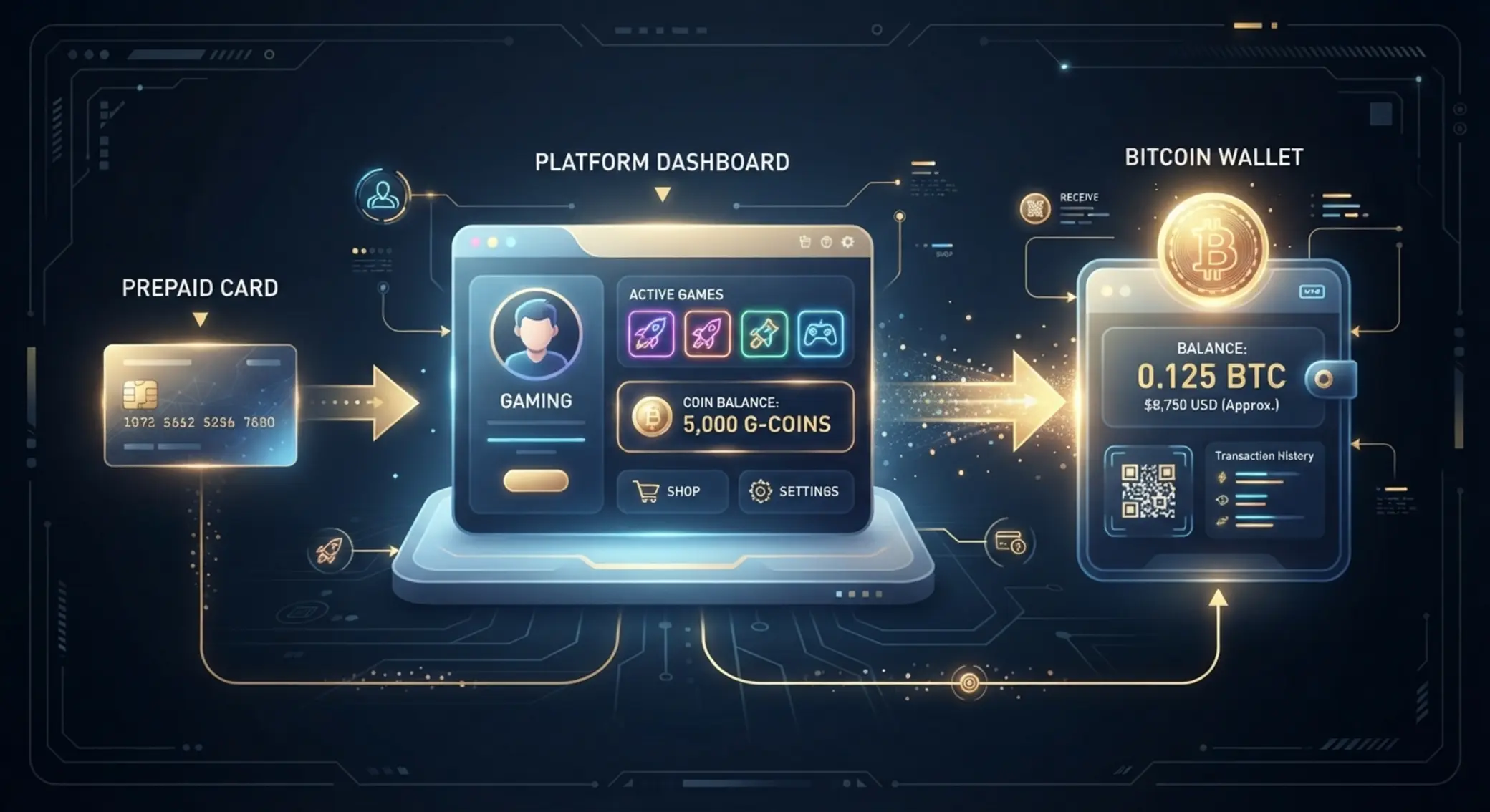 Schema von Paysafecard über Online-Plattform zu Bitcoin-Guthaben