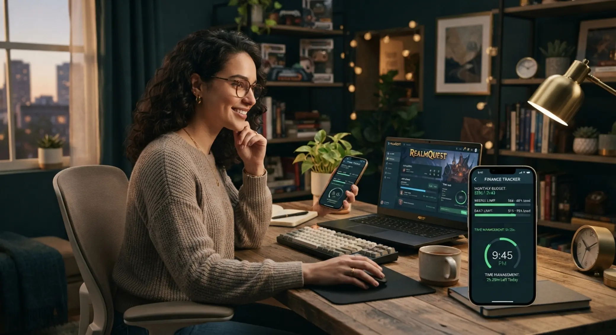 Spieler mit Laptop und Smartphone achtet auf Budget- und Zeitlimits