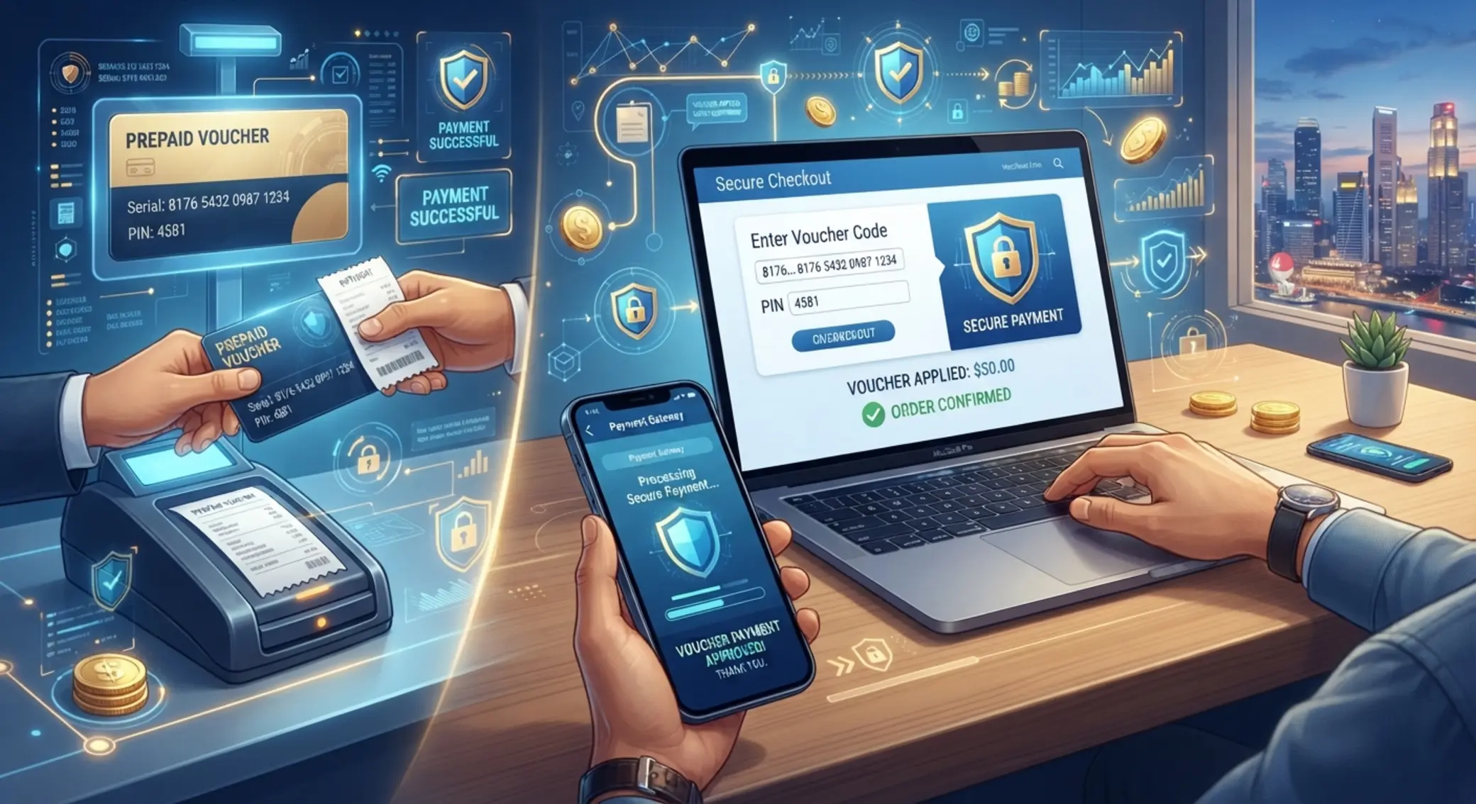 Prepaid-Gutschein wird gekauft und anschlie&szlig;end online f&uuml;r eine Einzahlung genutzt