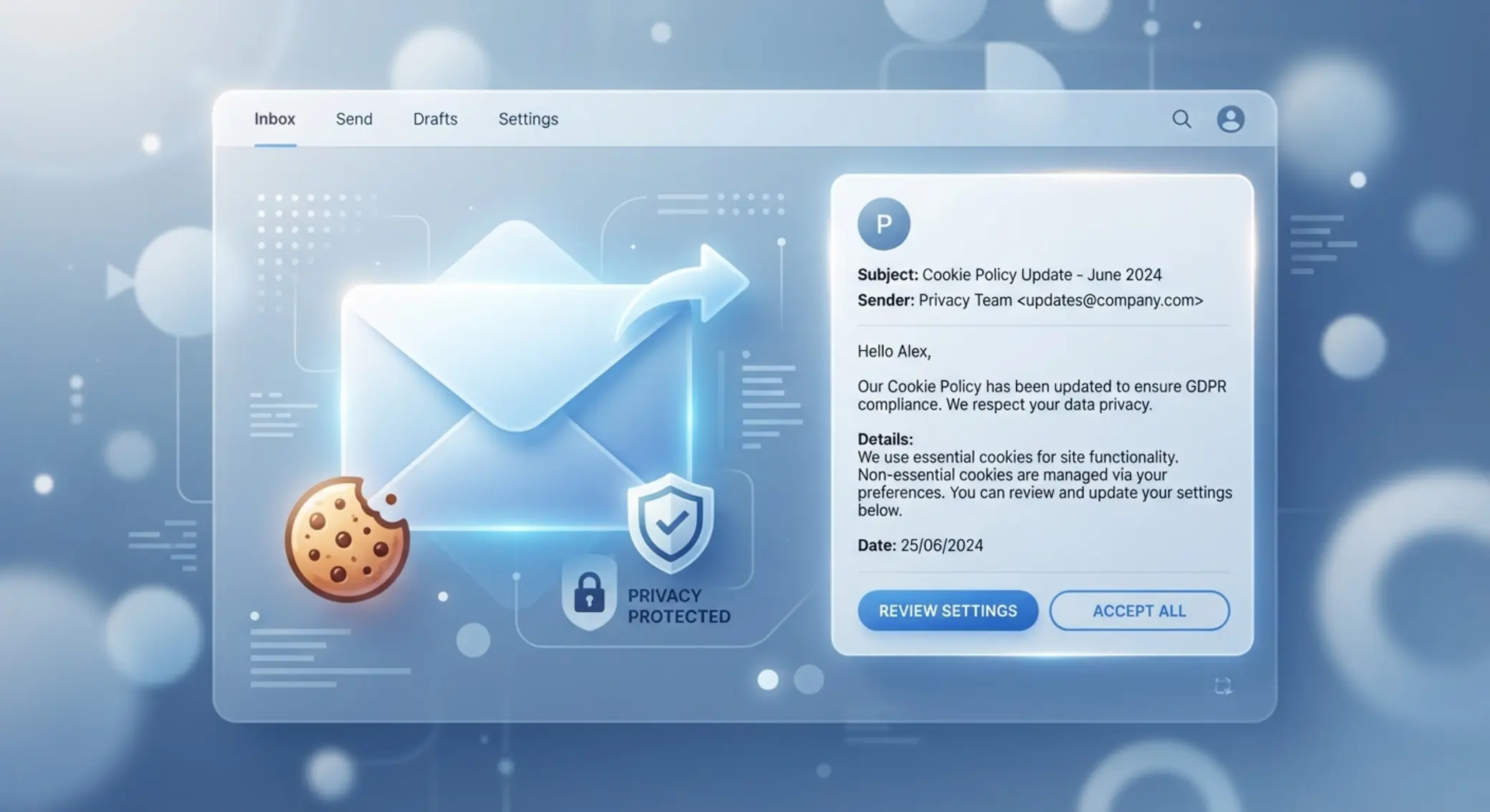 Stilisierte E-Mail mit Cookie- und Datenschutzsymbol