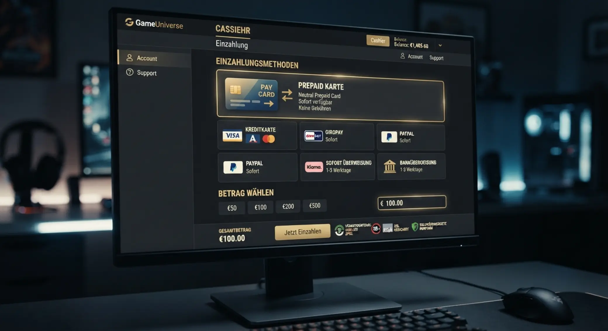 Einzahlungsbereich einer Online-Spielothek mit Prepaid-Zahlungsoption