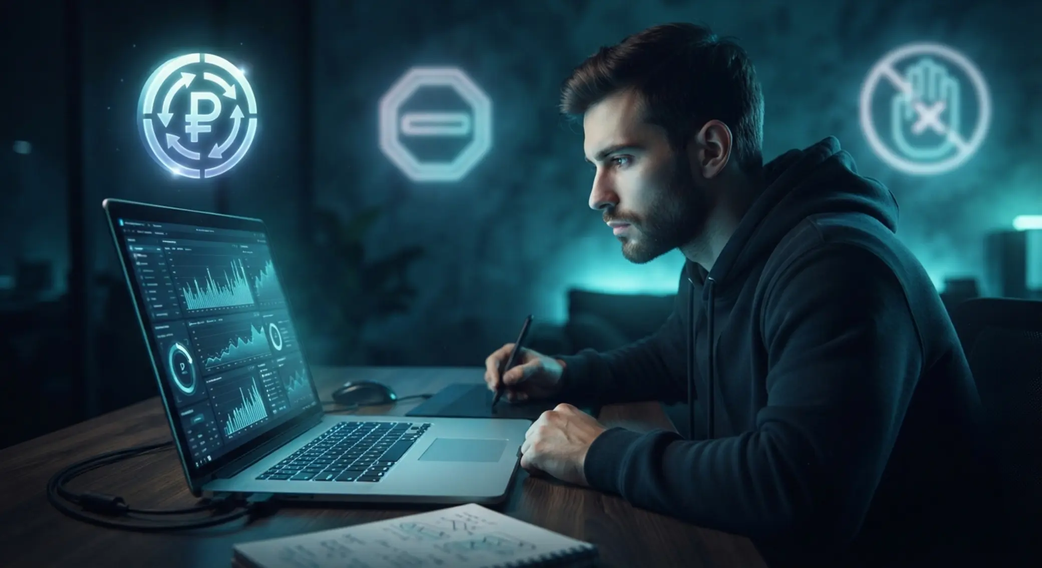 Spieler vor Laptop mit Limit-Symbolen und Prepaid-Zahlung