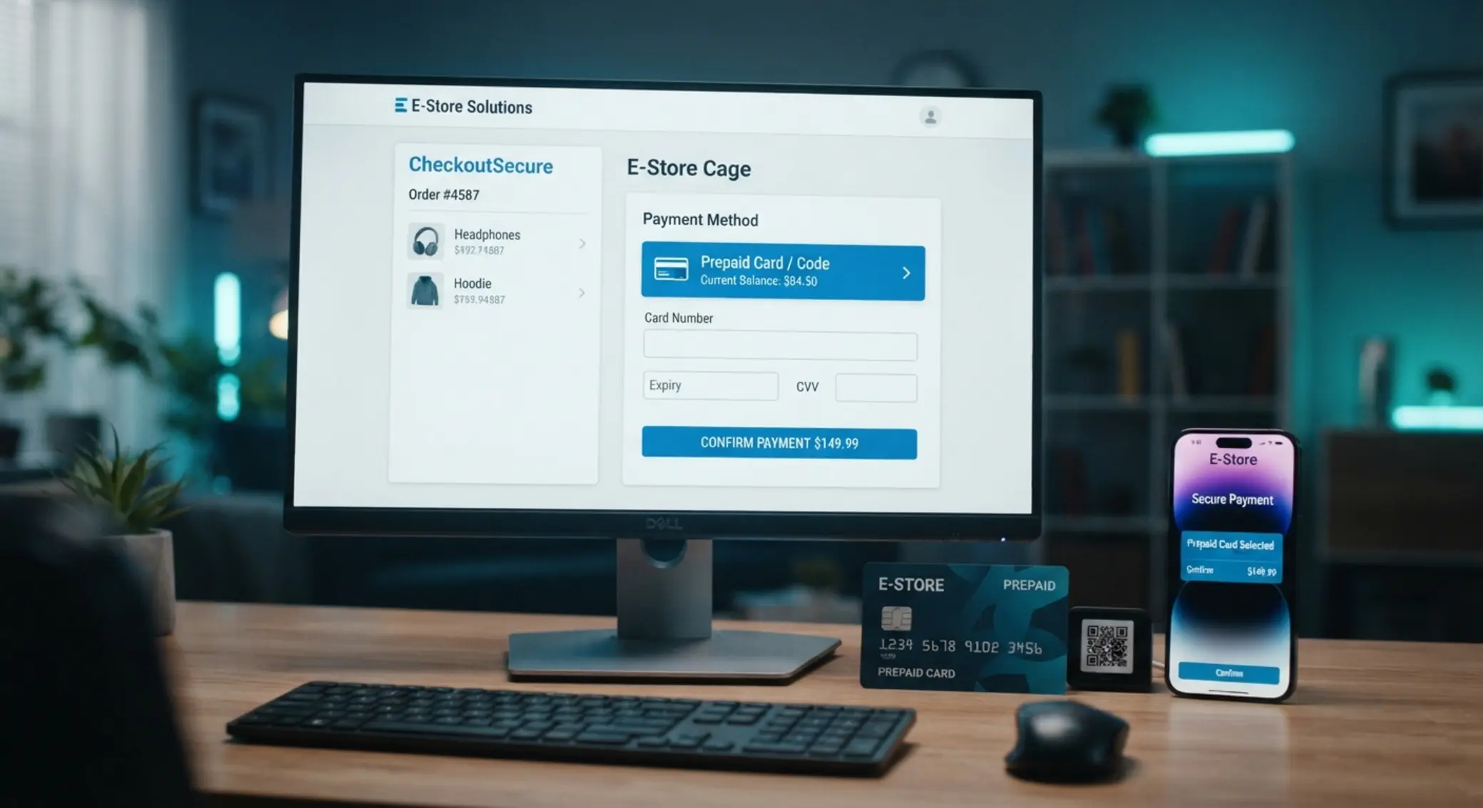 Kassenbereich mit ausgewählter Prepaid-Zahlung auf Mobilgerät und Desktop