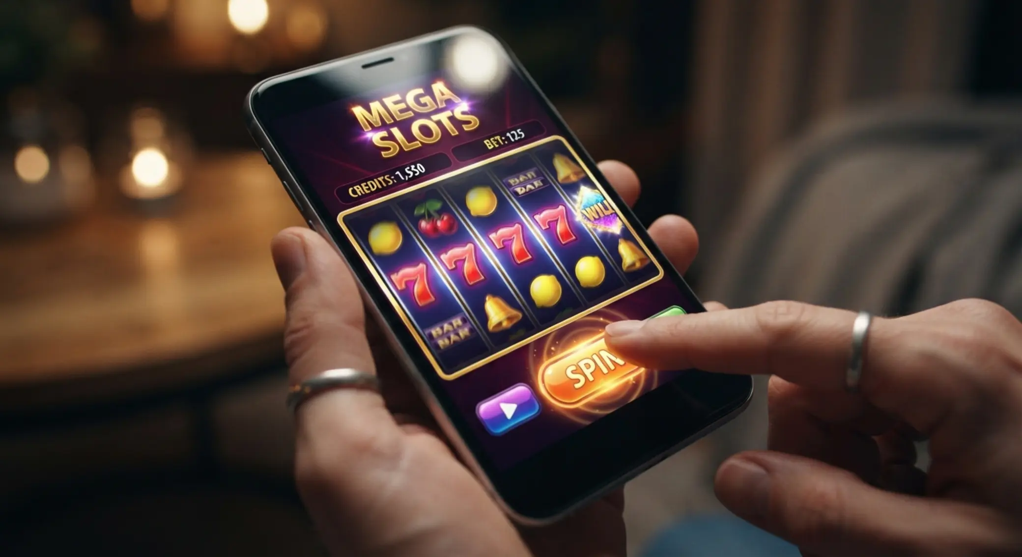 Finger tippt auf mobiles Slot-Spiel am Smartphone